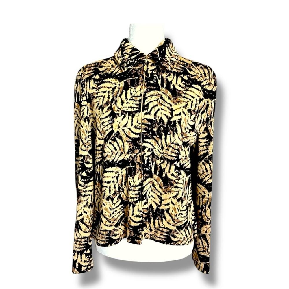 St. JOHN COLLECTION tan & Black Leaf print Zip Front Cardigan Size 6